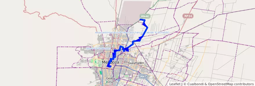 Mapa del recorrido 133 - Borbollon por Calle Maipu - Casa de Gob. de la línea G06 en Мендоса.