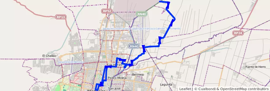 Mapa del recorrido 133 - Borbollon por Calle Maipu de la línea G06 en Mendoza.
