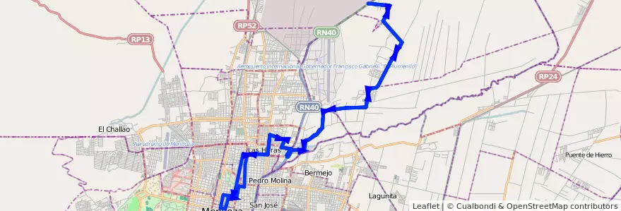 Mapa del recorrido 133 - Borbollon por Calle Zapata de la línea G06 en Мендоса.