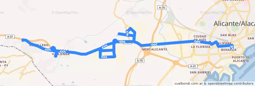 Mapa del recorrido 07: Av. Oscar Esplá ⇒ El Rebolledo de la línea  en Alacant / Alicante.