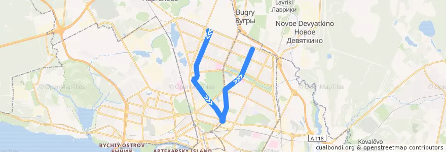 Mapa del recorrido Троллейбус № 13: Придорожная аллея => Суздальский проспект de la línea  en Санкт-Петербург.