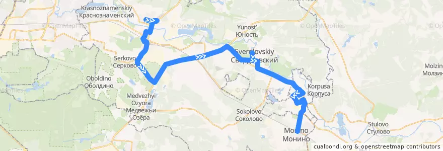 Mapa del recorrido Автобус 26: Щёлково (микрорайон Заречный) => Станция Монино de la línea  en Oblast de Moscou.