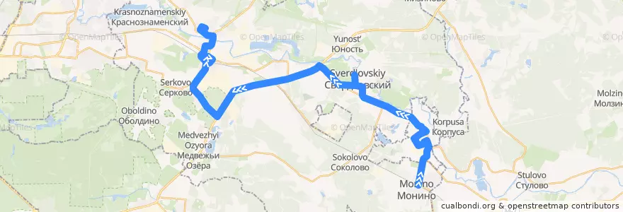 Mapa del recorrido Автобус 26: Станция Монино => Щёлково (микрорайон Заречный) de la línea  en Oblast Moskou.