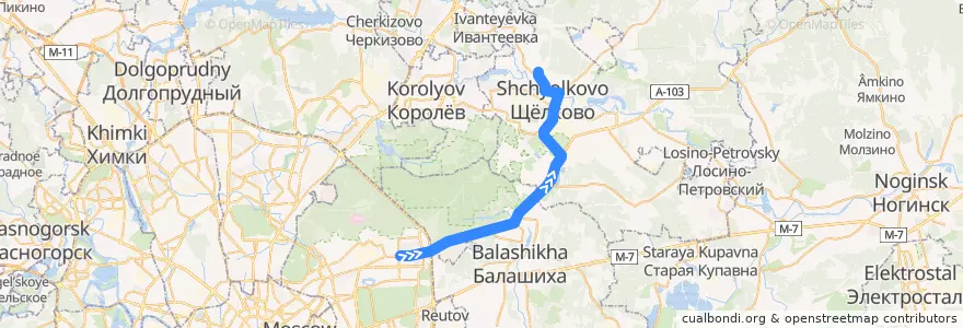 Mapa del recorrido Автобус 349: Москва (метро «Щёлковская») => Щёлково (Щёлково-7) de la línea  en Oblast Moskou.