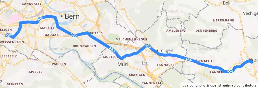 Mapa del recorrido Tram 6: Fischermätteli => Worb Dorf de la línea  en Verwaltungsregion Bern-Mittelland.