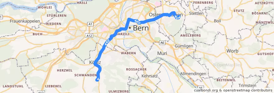 Mapa del recorrido Bus 10: Ostermundigen Rüti => Köniz Schliern de la línea  en Verwaltungsregion Bern-Mittelland.