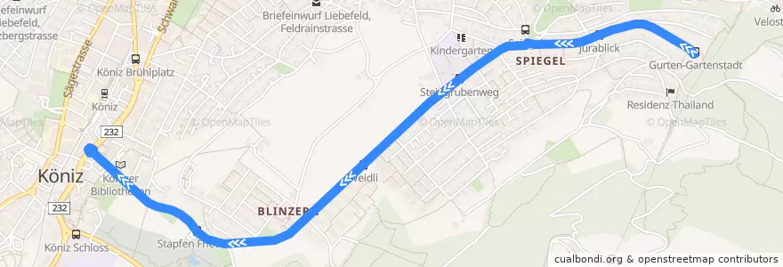 Mapa del recorrido Bus 16: Gurten-Gartenstadt => Köniz Zentrum de la línea  en Köniz.