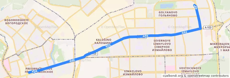 Mapa del recorrido Автобус Т83: Уссурийская улица => Метро «Преображенская площадь» de la línea  en Восточный административный округ.