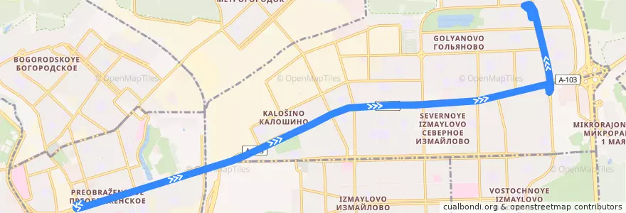 Mapa del recorrido Автобус Т83: Метро «Преображенская площадь» => Уссурийская улица de la línea  en Östlicher Verwaltungsbezirk.