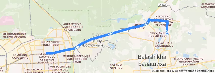 Mapa del recorrido Автобус 447: Балашиха (улица Объединения) => Москва (метро «Щёлковская») de la línea  en городской округ Балашиха.