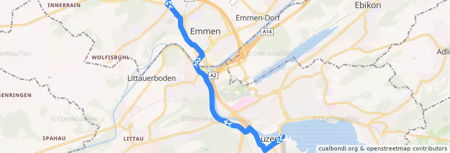 Mapa del recorrido Bus 2: Luzern, Bahnhof => Emmenbrücke, Sprengi de la línea  en Lucerna.
