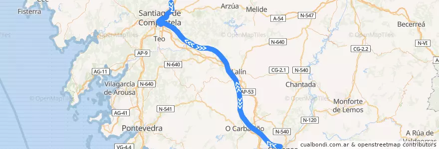 Mapa del recorrido LAV Ourense - Santiago de Compostela de la línea  en Galicia / Galiza.