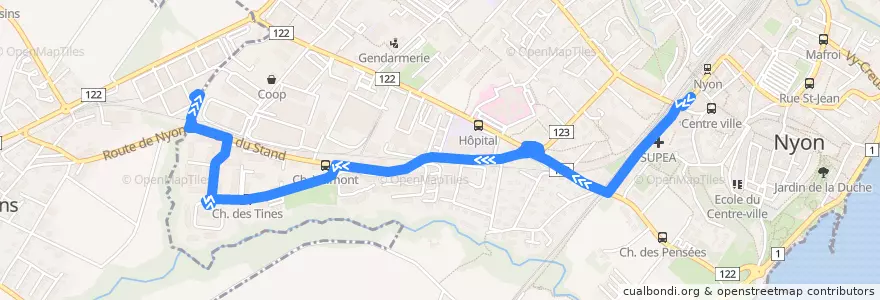 Mapa del recorrido Bus 801: Nyon, gare => Terre-Bonne de la línea  en District de Nyon.
