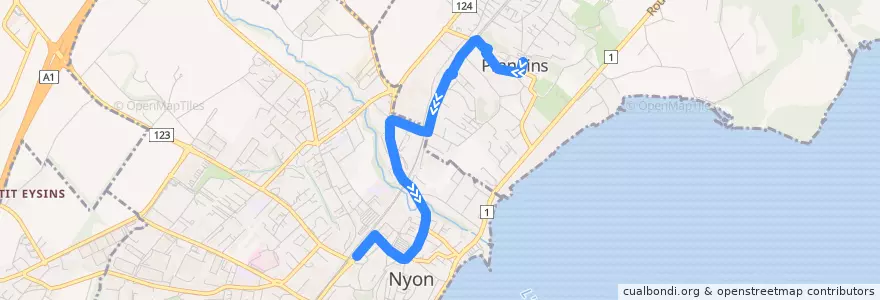 Mapa del recorrido Bus 805: Prangins, poste => Nyon, gare de la línea  en District de Nyon.
