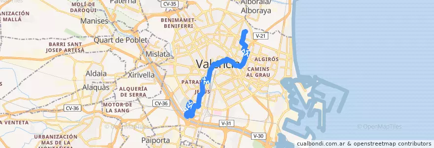 Mapa del recorrido Bus 10: Benimaclet => Sant Marcel·lí de la línea  en Comarca de València.
