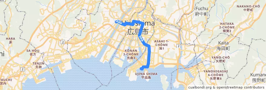 Mapa del recorrido 広島電鉄3号線 de la línea  en Хиросима.