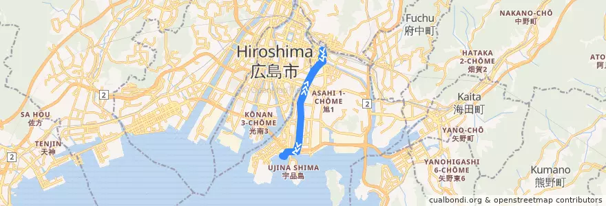 Mapa del recorrido 広島電鉄5号線 de la línea  en 南区.