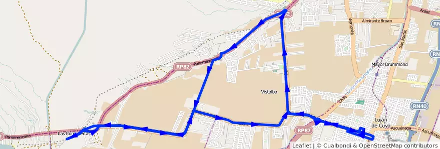 Mapa del recorrido 14 - BLANCO ENCALADA POR GUARDIA VIEJA - SAENZ PEÑA de la línea G01 en Luján de Cuyo.
