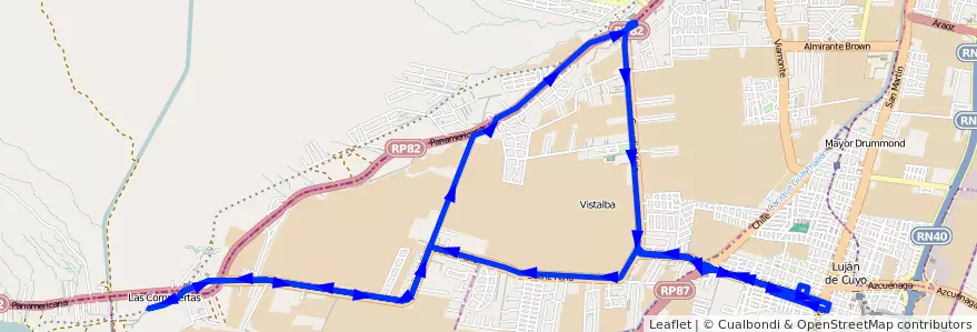 Mapa del recorrido 14 - BLANCO ENCALADA POR SAENZ PEÑA - GUARDIA VIEJA de la línea G01 en Luján de Cuyo.