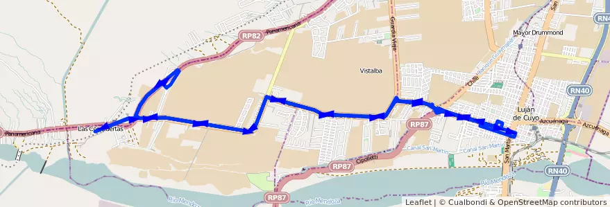 Mapa del recorrido 14 - BLANCO ENCALADA SAENZ PEÑA - SAENZ PEÑA de la línea G01 en Luján de Cuyo.