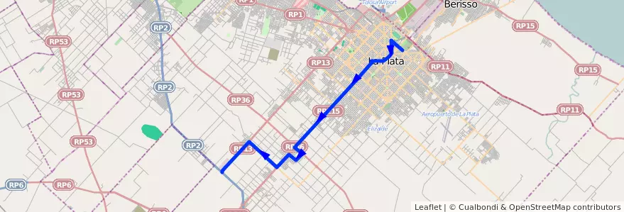 Mapa del recorrido 14 de la línea Oeste en Partido de La Plata.