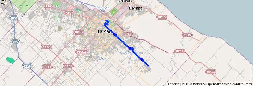 Mapa del recorrido 14 de la línea Este en Partido de La Plata.