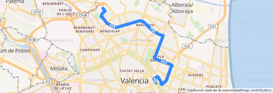 Mapa del recorrido Bus 12: Pl. Amèrica => Ciutat Art. Faller de la línea  en Comarca de València.