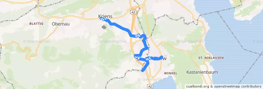 Mapa del recorrido Bus 16: Kriens, Busschleife => Horw, Spitz de la línea  en Kriens.