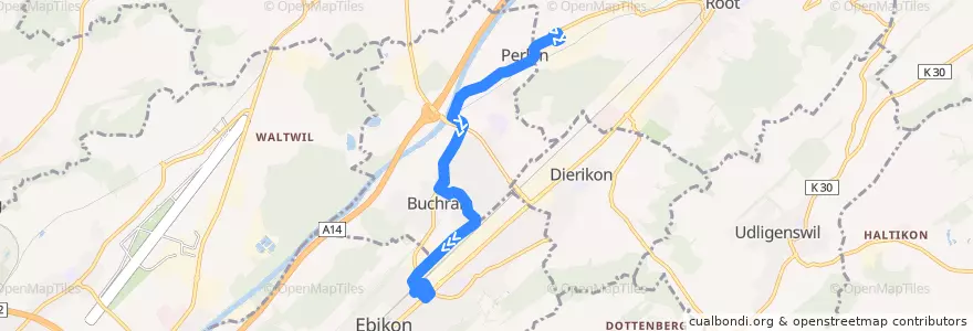 Mapa del recorrido Bus 22: Perlen, Fabrik => Ebikon, Bahnhof de la línea  en Luzern.