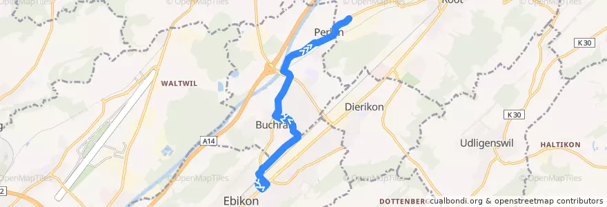 Mapa del recorrido Bus 22: Ebikon, Bahnhof => Perlen, Fabrik de la línea  en Luzern.