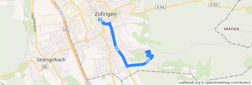 Mapa del recorrido Bus 11: Zofingen, Bahnhof => Friedhof Bergli de la línea  en Zofingen.