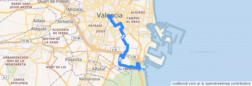 Mapa del recorrido Bus 14: Pinedo => Pl. de l'Ajuntament de la línea  en Comarca de València.
