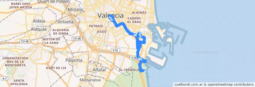 Mapa del recorrido Bus 15: Pl. de l'Ajuntament => Pinedo de la línea  en Comarca de València.