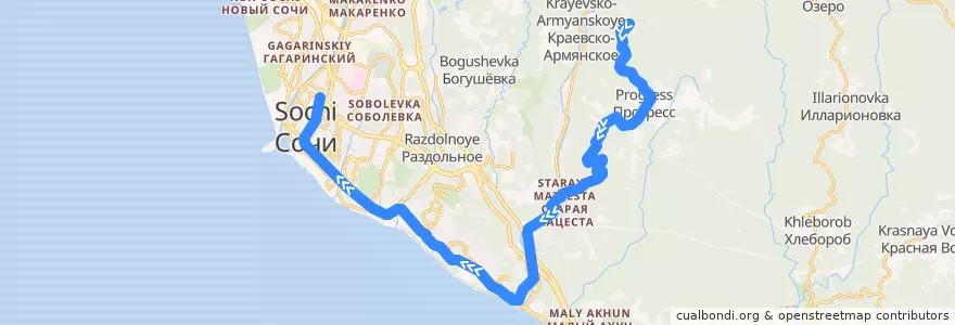 Mapa del recorrido Автобус №121 (Абадзинка-Автовокзал) de la línea  en городской округ Сочи.