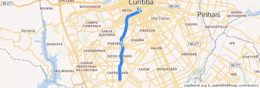 Mapa del recorrido Pinheirinho - Rui Barbosa de la línea  en Curitiba.