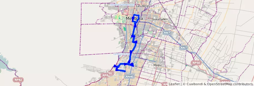 Mapa del recorrido 15 - Bº Los Castaños - Cementerio Parque - Centro - Bº Los Castaños de la línea G01 en Mendoza.
