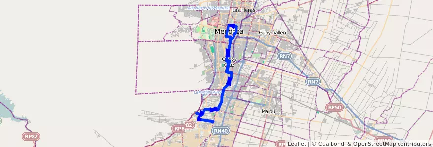 Mapa del recorrido 15 - Bº Los Castaños-Cervantes-Bº Los Castaños (solo horario nocturno) de la línea G01 en Мендоса.