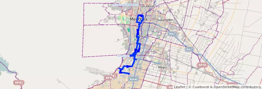 Mapa del recorrido 15 - Bº Los Castaños - Cervantes - Flor de Cuyo de la línea G01 en Мендоса.