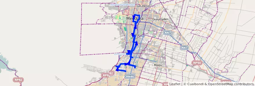 Mapa del recorrido 15 - Cervantes - Cementerio Parque Jardin - Flor de Cuyo de la línea G01 en Mendoza.