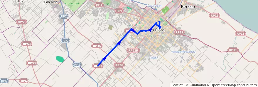 Mapa del recorrido 15 de la línea Oeste en Partido de La Plata.