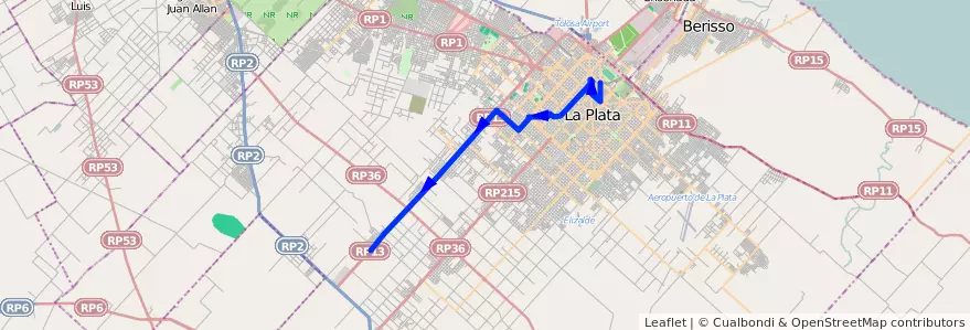 Mapa del recorrido 15 de la línea Oeste en Partido de La Plata.