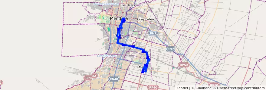 Mapa del recorrido 151 - Maipu- Mendoza- G. Cruz x Boedo (Habiles)  de la línea G09 en Mendoza.