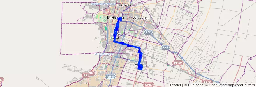 Mapa del recorrido 151 - Maipú - Mendoza Por Puente Olive de la línea G09 en Mendoza.