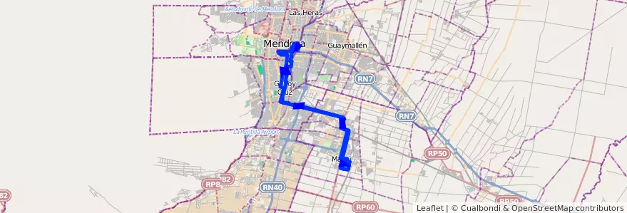Mapa del recorrido 151 - Maipú - Mendoza - Puente Olive - Casa De Gobierno de la línea G09 en Мендоса.