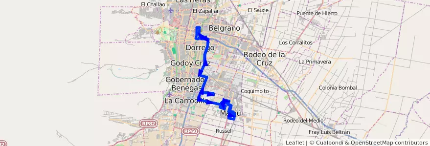 Mapa del recorrido 152 - Maipú - Mendoza por Terrada - Acceso Sur de la línea G09 en Мендоса.