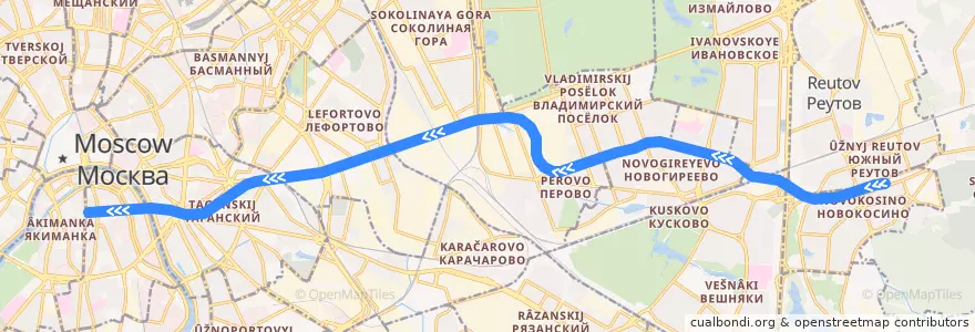 Mapa del recorrido Калининская линия: Новокосино → Третьяковская de la línea  en Moskou.