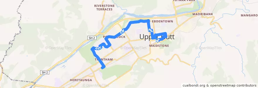 Mapa del recorrido Bus 114: Upper Hutt => Elderslea => Trentham de la línea  en Upper Hutt City.