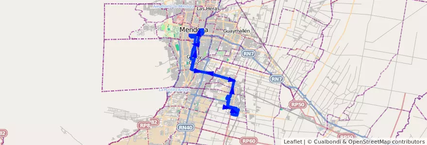 Mapa del recorrido 153 - Maipú - Mendoza por Maza - Casa de Gob. de la línea G10 en Мендоса.