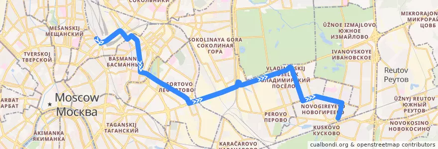 Mapa del recorrido Трамвай 37: Каланчёвская улица => Новогиреево de la línea  en Moskau.