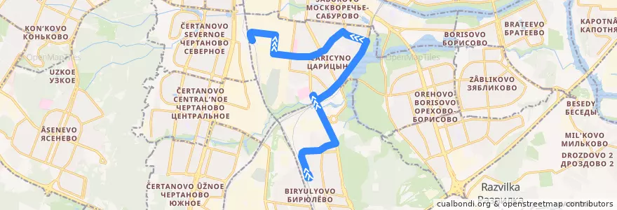 Mapa del recorrido Автобус 182: Станция Бирюлёво-Товарная => Платформа Чертаново de la línea  en Южный административный округ.